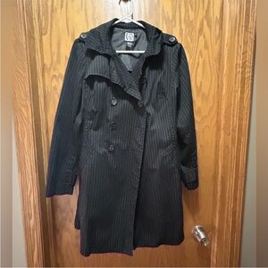 Love Tease black double breast pinstripe trench coat jacket stripes large L